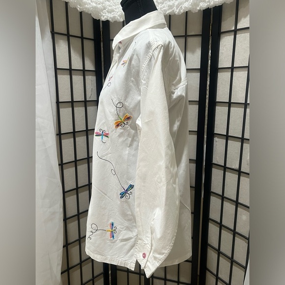 Silver Threads White Cotton Shirt, DRAGONFLIES EMBROIDERED, WHIMSICAL SIZE M - Picture 5 of 9
